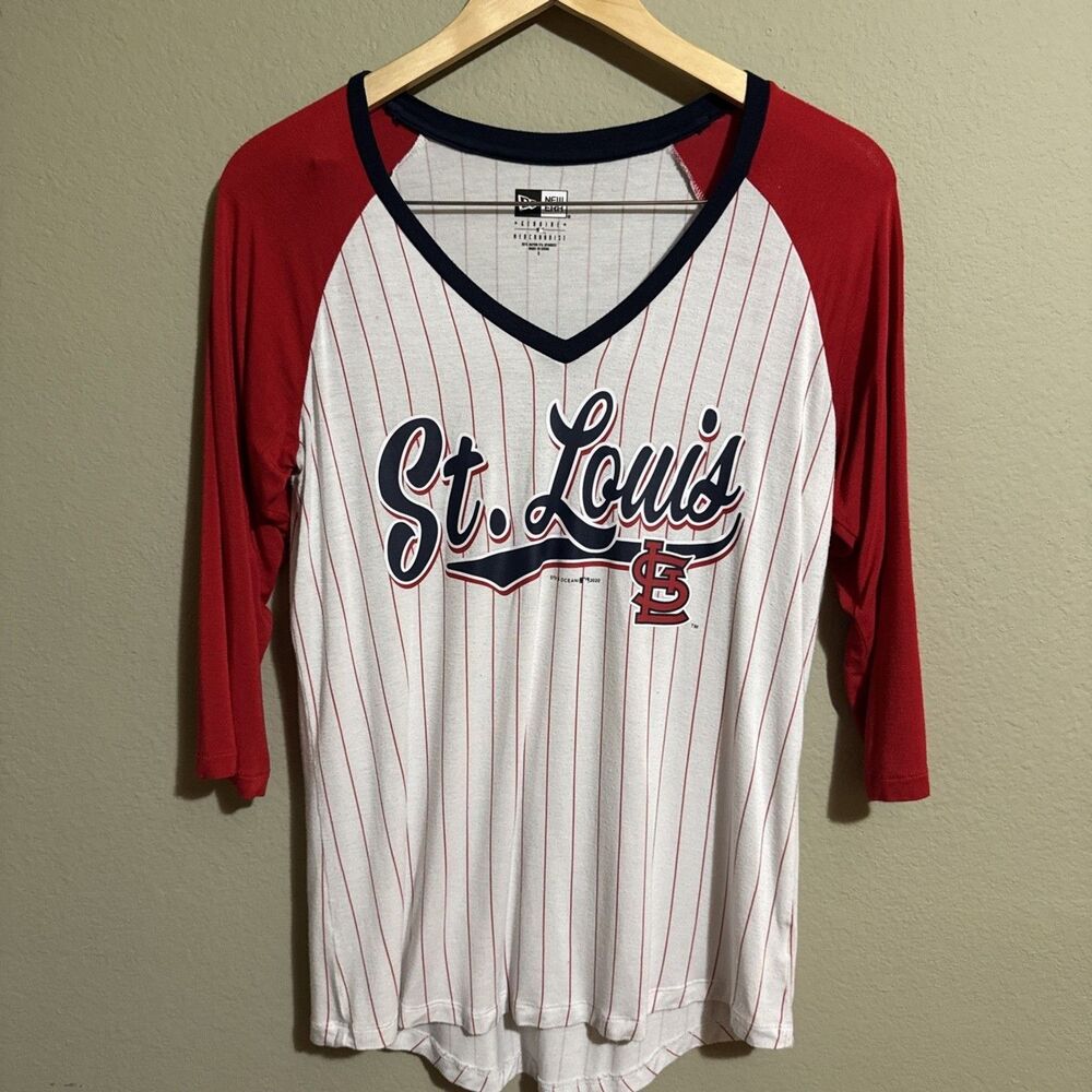 St. Louis Cardinals Baseball Shirt Women’s Small Red Pinstripe 3/4 Sleeve Tee
